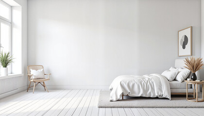 Minimalist modern bedroom with white decor and soft lighting, tranquility