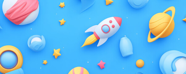 Colorful rocket and planets in vibrant space backdrop, featuring stars and playful shapes, creating whimsical and imaginative atmosphere