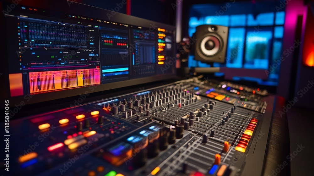 Poster professional audio mixing console in recording studio.