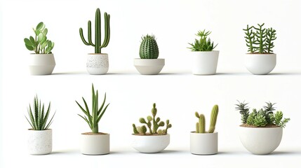 Fototapeta premium Succulents and Cacti in Minimalist White Pots: A Serene Botanical Arrangement