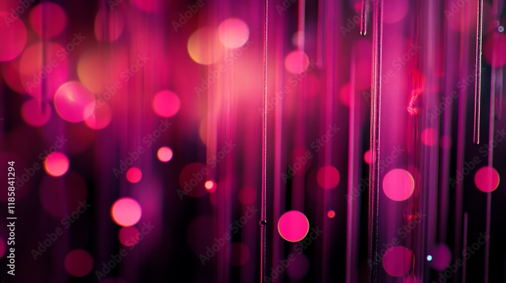 Poster abstract pink and purple background with bokeh lights and vertical lines.