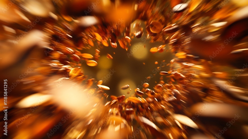 Poster roasted coffee beans exploding outwards in a dynamic motion blur.