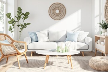 Bright and cozy living room with white sofa, wooden chair, coffee table, decorative pillows, plants, and soft rug in Scandinavian style. Ai generative