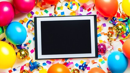 Blank photo frame surrounded by colorful balloons, confetti, and streamers on a white background.