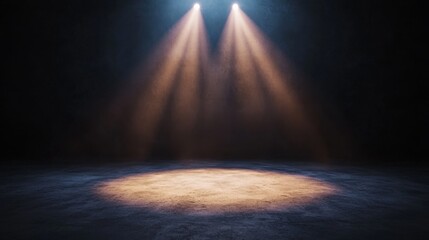 Dual Spotlights on Dark Concrete Floor 3D Render, Stage Lighting, Dramatic Mood, Background. Studio, Spotlight Keywords 3D rendering, background