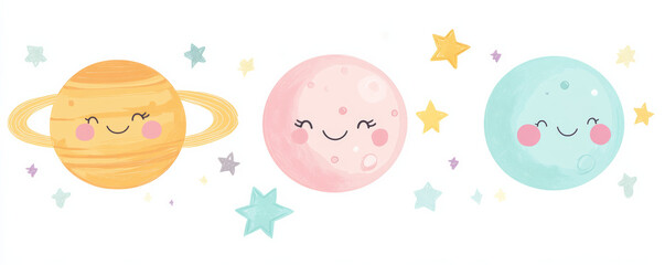 Cute space themed illustration featuring smiling planets and stars, perfect for children decor or educational materials. cheerful design brings joy and imagination to any setting