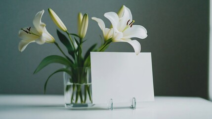 White lilies in glass vase with blank card.
