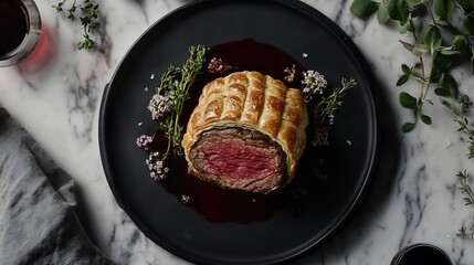 Beef Wellington, plated on dark plate, garnished with herbs and red wine reduction.