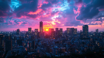 Fototapeta premium Cityscape sunset: vibrant clouds over a sprawling metropolis.