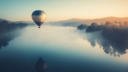 A serene hot air balloon floats above a misty river at sunrise, creating a tranquil scene.