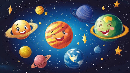 Obraz premium Smiling planets in cartoonish space scene with stars and vibrant colors. This whimsical illustration captures joyful cosmic journey, perfect for children themes