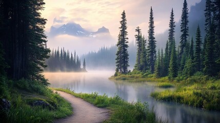 Serene sunrise over misty lake with mountain backdrop and trail.