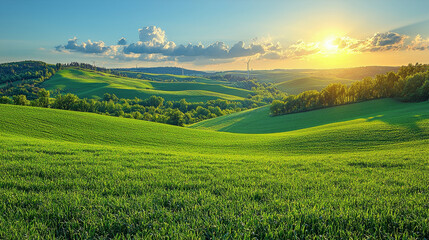 Obraz premium Sunset over rolling green hills and fields.