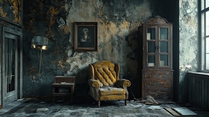 A grungy room with peeling paint, weathered furniture, and dim lighting, creating an atmospheric, vintage vibe full of character and texture, perfect for unique design settings. 