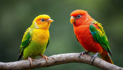 Fototapeta premium Vibrant Green and Red Parrots on a Branch