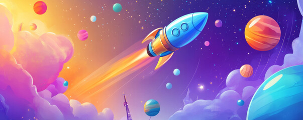 Fototapeta premium Cheerful rocket soaring through colorful planets in vibrant space scene, evoking sense of adventure and wonder