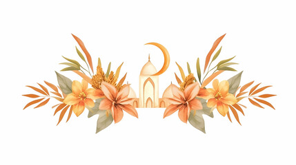 Naklejka premium Decorative floral arrangement with mosque and crescent moon.