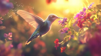 delicate and realistic scene of a hummingbird hovering mid-air, its wings blurred from the rapid movement, while its tiny beak sips nectar from a vibrant flower. 