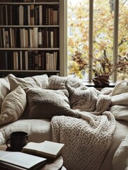 Cozy Autumn Room Featuring Books and a Comfortable Couch