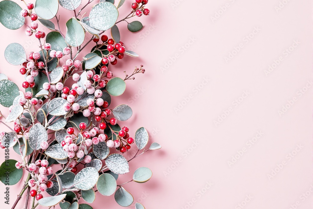 Poster frosted eucalyptus leaves and red berries arranged on a pink background. minimalistic design concept