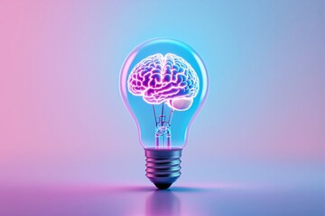Glowing lightbulb showcasing a vibrant brain inside, set against a gradient purple-blue background. Symbol of innovation, creativity, and ideas. Ai generative