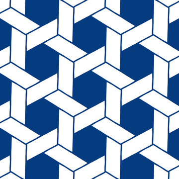 Motivo geometrico continuo senza giunzioni con arabeschi e volute blu su sfondo bianco, elegante pattern vettoriale in stile barocco e maiolica per sfondi e tessuti.