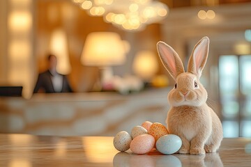 Soft bunny surrounded by pastel eggs in warm, inviting hotel lob