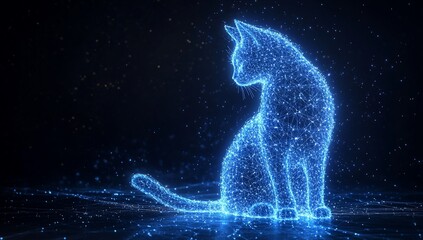 Glowing digital cat silhouette on dark background.
