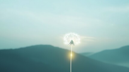 A dandelion is standing in the middle of a mountain range