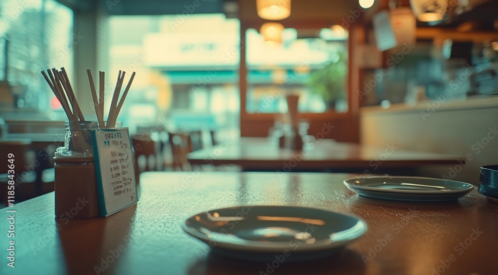 Poster empty restaurant table with plates and chopsticks, shallow depth of field.