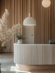 Modern Minimalist Reception Desk Design With Wood Accents