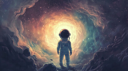 Obraz premium friendly astronaut stands in whimsical galaxy, exploring vibrant cosmic colors and swirling clouds. scene evokes sense of wonder and adventure in space