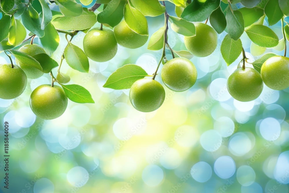 Poster bright and sunny landscape with bokeh background featuring green oranges and leafy branches in a vib
