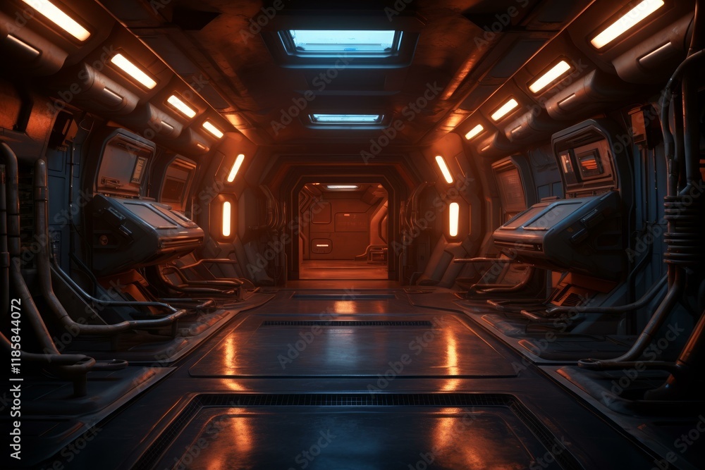 Poster glossy corridor inside a spaceship with illuminated control panels and orange lights creating a sci 