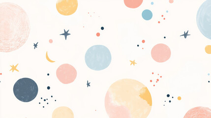 Friendly planets and moons on light pastel background create whimsical and dreamy atmosphere. This playful design features various shapes and colors, perfect for children decor