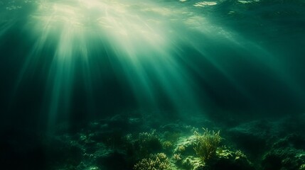 Obraz premium Sunbeams penetrate dark ocean water illuminating seabed coral.