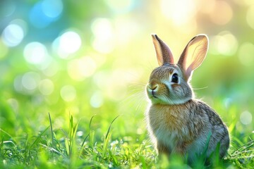 Bright and Sunny Landscape with Blurred Background and Bokeh Effect Featuring a Cute Rabbit Sitting on Fresh Green Grass