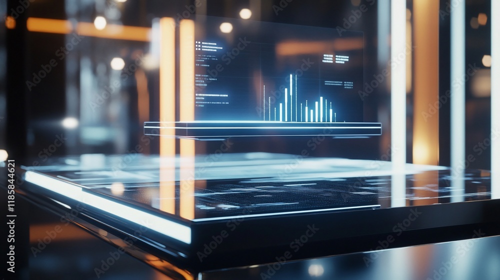 Aufkleber futuristic transparent display showing data analytics and graphs on a sleek, modern table.