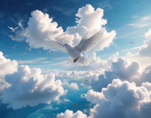 Naklejka premium A delicate dove floats gently above a mass of soft white clouds suspended in the cerulean expanse, floating, nature