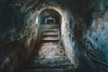 Obraz premium Crumbling walls and decaying stairs lead towards a mysterious light at the end of a dark tunnel, evoking a sense of mystery and adventure