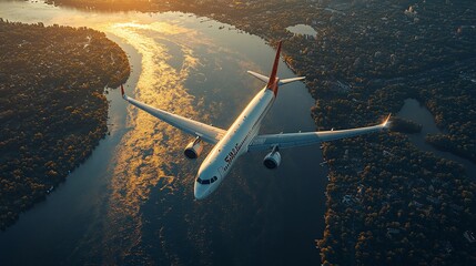 Fototapeta premium Modern Aircraft Gliding Over Serene River Landscape