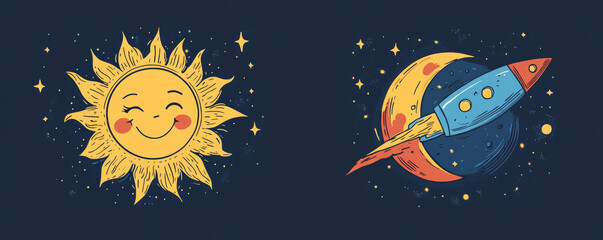 Happy sun with smiling face and colorful rocket flying towards crescent moon, creating whimsical space scene filled with stars and joy