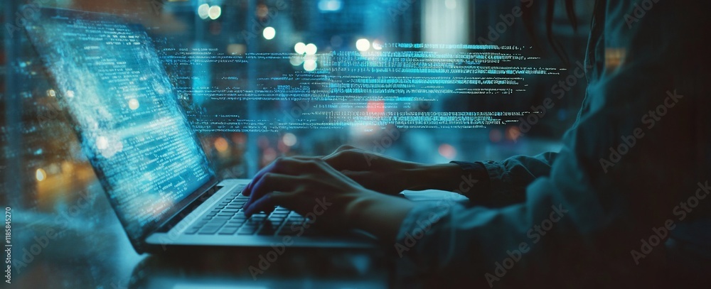Poster person coding on laptop at night, lines of code visible.