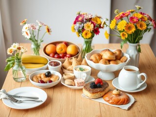 A delectable breakfast spread on a wooden table, featuring fresh pastries, fruits, and a vase of colorful flowers, food, healthy, tasty