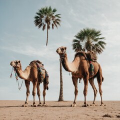 A camel with a small palm tree beside it on a white background.