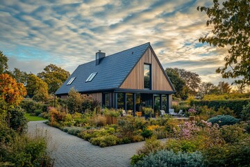 Obraz premium Modern A-frame house with landscaped garden.