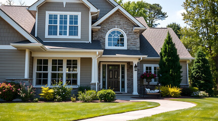 Fototapeta premium Two-story house with gray siding, stone accents, and landscaping. Features a paved walkway leading to the front door. The house has multiple windows and a front porch.