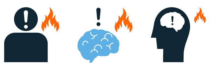 Burnout Icon Set, Vector Illustration Depicting Stress, Exhaustion and Mental Overload with Flames, Brain and Exclamation Symbols, Perfect for Business, Healthcare, and Psychology Themes