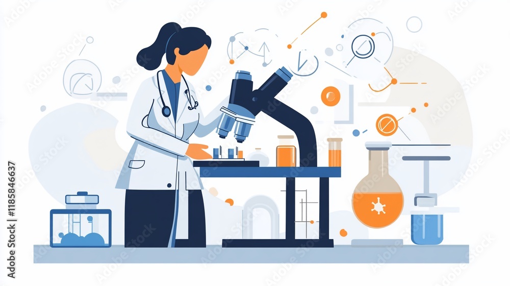 Poster scientist using microscope in laboratory