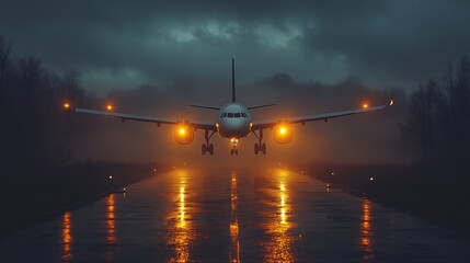 Jet Emerges Through Thick Fog During Dusk